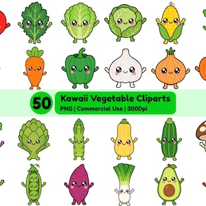 Kawaii Vegetable Clipart Bundle PNG, Cute Veggie Clipart Set, Kawaii Food Stickers, Vegetable Characters, Cricut Sublimation Design
