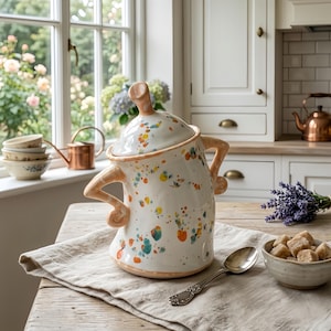 Puede incluir: Un tarro de cerámica blanco con tapa, adornado con salpicaduras de pintura coloridas. El tarro tiene un diseño único con asas en forma de brazo y un pomo en la tapa. Se encuentra sobre una mesa de madera con un paño de lino, una cuchara y un cuenco pequeño.