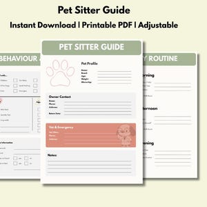 Könnte beinhalten: Ein druckbarer Pet Sitter Guide mit einem hellgrünen und weißen Design. Der Leitfaden enthält Abschnitte für Tierprofile, Kontaktinformationen des Besitzers, Tierarzt- und Notfalldetails sowie Tagesabläufe. Der Text "Pet Sitter Guide" steht oben.