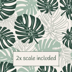 K&ouml;nnte beinhalten: Ein nahtloses Muster mit stilisierten Monstera-Bl&auml;ttern in Gr&uuml;n- und Wei&szlig;t&ouml;nen. Das Design umfasst solide und umrissene Bl&auml;tter, wodurch ein geschichteter Effekt entsteht. Der Text "2x scale included" befindet sich in einem rechteckigen Feld.