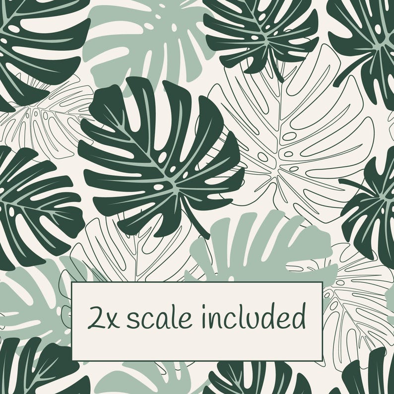 K&ouml;nnte beinhalten: Ein nahtloses Muster mit stilisierten Monstera-Bl&auml;ttern in Gr&uuml;n- und Wei&szlig;t&ouml;nen. Das Design umfasst solide und umrissene Bl&auml;tter, wodurch ein geschichteter Effekt entsteht. Der Text "2x scale included" befindet sich in einem rechteckigen Feld.