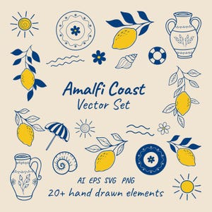May include: A digital vector set titled Amalfi Coast Vector Set featuring over 20 hand-drawn elements in blue and yellow on a beige background, including lemons on branches, suns, ceramic vases, plates, seashells, and a beach umbrella.