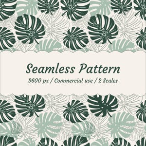 K&ouml;nnte beinhalten: Nahtloses Muster mit stilisierten Monstera-Bl&auml;ttern in Gr&uuml;n- und Wei&szlig;t&ouml;nen. Das Design enth&auml;lt den Text "Seamless Pattern" sowie Details zur Bildgr&ouml;&szlig;e und kommerziellen Nutzung.