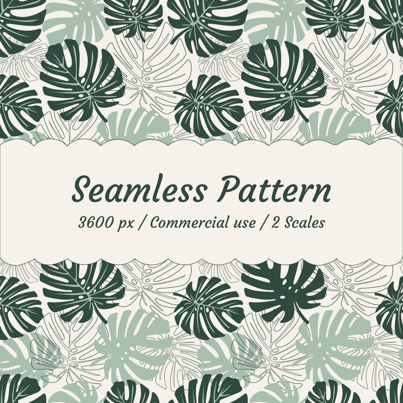 K&ouml;nnte beinhalten: Nahtloses Muster mit stilisierten Monstera-Bl&auml;ttern in Gr&uuml;n- und Wei&szlig;t&ouml;nen. Das Design enth&auml;lt den Text "Seamless Pattern" sowie Details zur Bildgr&ouml;&szlig;e und kommerziellen Nutzung.