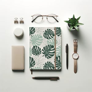 K&ouml;nnte beinhalten: Ein Notizbuch mit gr&uuml;nem Monstera-Blattmuster, ein ledergebundenes Notizbuch in Beige, eine kleine Topf-Sukkulente, eine Brille mit goldfarbenem Rahmen, eine Uhr und Stifte sind auf einer wei&szlig;en Oberfl&auml;che angeordnet.