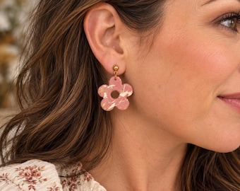 Floral Clay Earrings, Rose Pink Five-Petal Flowers with White Marbling and Gold (stainless steel) Posts