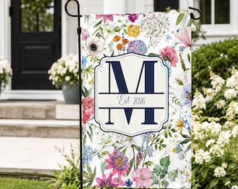 Personalized Monogram Garden Flag, Custom Floral Initial, Cottagecore Outdoor Decor, Spring Flag, Personalized House Flag gift