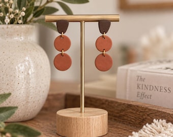 Boho Clay Earrings, Terracotta Wood Dangle Minimalist Gold Accents