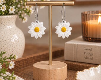 Clay Daisy Earrings, Silver Wildflower Floral Hoops with Lightweight Boho Style
