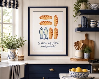 Loaves and Fish Art Printable Wall Art, Watercolor Christian Digital Download