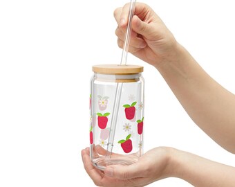 Subtle FDT Anti Trump Funny  Strawberry Daisy Pattern Sipper Glass with Bamboo Lid
