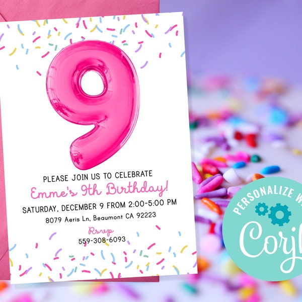 Girls Sprinkle 9th Birthday Party Sprinkle Balloon Party Invitation Cupcake Cake Party Invite
