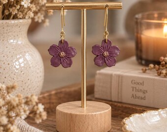 Clay Flower Earring, Purple Polymer Floral Dangle with Rose Gold Center