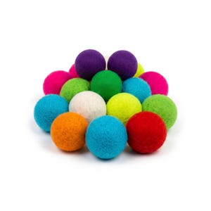 May include: A collection of colorful felt balls in various shades, including purple, green, blue, pink, orange, white, and yellow. The balls are arranged in a pile against a white background. These decorative balls are suitable for crafts.