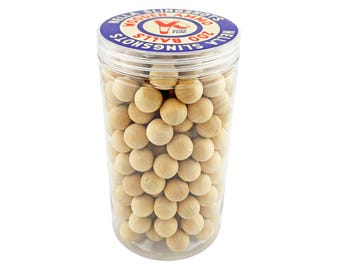 May include: A clear plastic jar filled with 200 wooden balls. The jar has a blue and red lid with the text "Hella Slingshots Wooden Ammo 200 Balls Super Fun" printed on it.