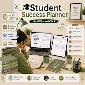Könnte beinhalten: Ein digitaler Student Success Planner auf Laptop und Tablet mit 75 Vorlagen, 5 Paketen und Offline-Funktion. Das Set enthält ein Studienplan-Notizbuch, eine grüne Tasse, einen Stiftehalter und Bücher mit den Aufschriften Focus, Plan, Achieve, Succeed.