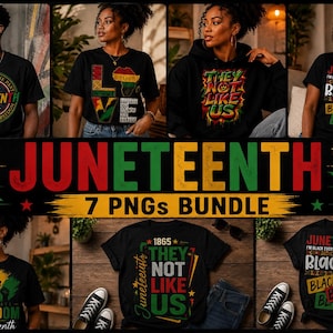 May include: A collection of Juneteenth-themed apparel, including t-shirts and a hoodie, featuring various designs and text. The designs incorporate the colors red, yellow, green, and black. The words "Juneteenth", "Freedom", and "Blackity" are visible.