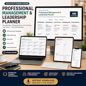Könnte beinhalten: Executive Planning System Professional Management & Leadership Planner mit 100 interaktiven Vorlagen, Offline-Web-App, automatischer Speicherung und PDF-Druckfunktion. Dargestellt auf einem Computermonitor, Laptop, Tablet und Smartphone-Bildschirm.