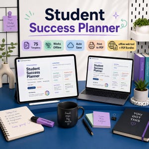 Könnte beinhalten: Ein digitaler Student Success Planner auf Tablet und Laptop mit 75 Vorlagen, Offline-Zugriff, Auto-Save und PDF-Druck. Enthält eine schwarze Tasse mit Text, ein Spiralnotizbuch, einen violetten Textmarker, einen Stift und ein schwarzes Journal.