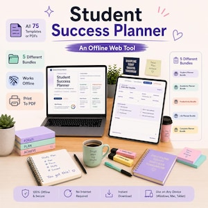 Könnte beinhalten: Ein digitales Student Success Planner Tool auf einem Laptop- und Tablet-Bildschirm, begleitet von einem Spiralnotizbuch, einer Tasse mit Text, Textmarkern und Haftnotizen. Die Benutzeroberfläche zeigt Vorlagen, Checklisten und Lernpläne.