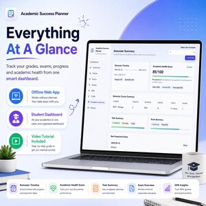Könnte beinhalten: Ein Laptop zeigt ein Academic Success Planner Dashboard mit Bereichen für Semesterzeitplan, akademischen Gesundheitswert, Kurszusammenfassung und Aufgabenverfolgung. Auf dem Bildschirm ist der Text Everything At A Glance zu sehen.