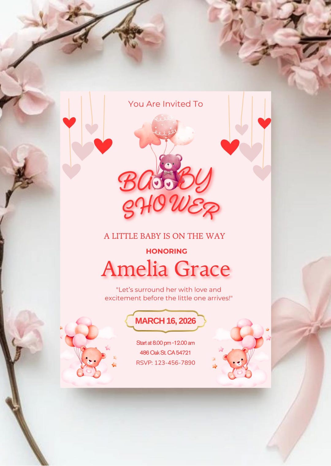 Editable Pink Teddy Bear Baby Shower Invitation (digital Download) - Etsy