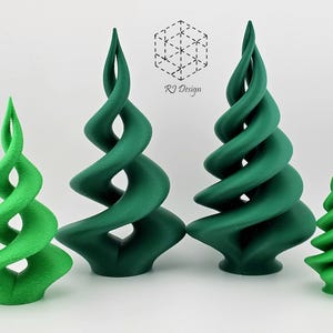 May include: Four abstract, spiral-shaped sculptures in shades of green. Two are a darker green, and two are a lighter green. The sculptures have a textured surface and are arranged on a white background. The text "RJ Design" is visible.
