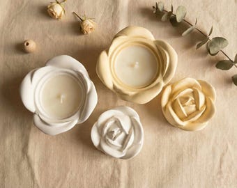Handmade rose candle in a casting powder bowl. Aesthetic flower candle for boho decor, sustainable gift for her.
