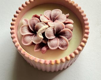 Handmade candle in a jasmonite bowl. Aesthetic floral candle for boho decor, sustainable gift for her.