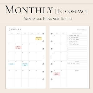 FC Compact Monthly Planner Insert Printable | Sunday Start | Minimal Aesthetic | 2 Pages Per Sheet US Letter