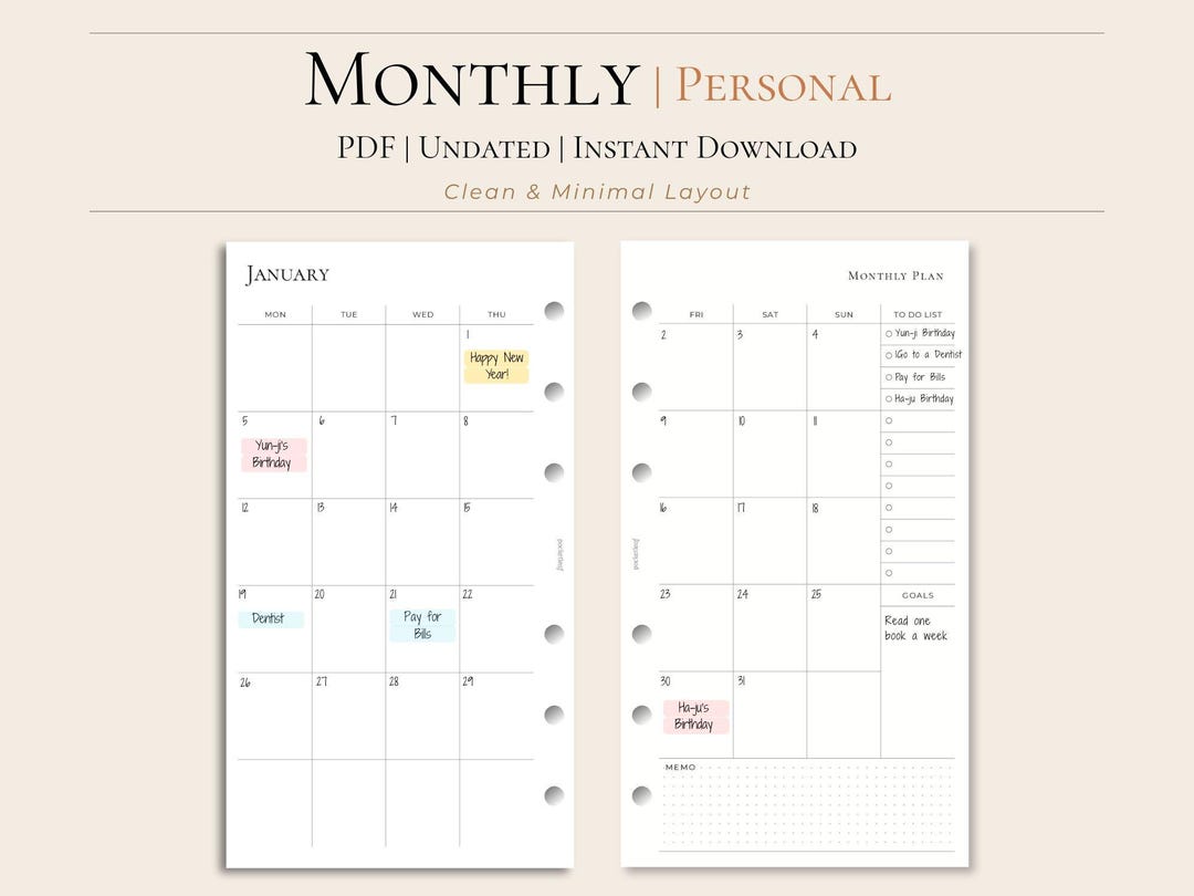 Personal Size Monthly Planner Printable | Minimal Planner Insert | A6 ...