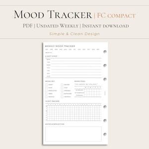 May include: A white printable mood tracker with the text "MOOD TRACKER" at the top. The tracker includes sections for weekly mood, mood key, mood pixel, sleep tracker, and notes. The design is simple and clean.