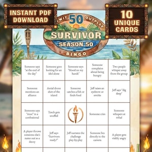 May include: A Survivor Bingo game card with a tropical theme. The card features a bingo grid with phrases like "Someone says 'blood on my hands'" and "Jeff says 'dig deep'". The card is designed for watch parties and includes the text "Instant PDF Download".
