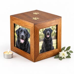 Op de afbeelding: Een vierkante houten gedenkdoos voor huisdieren met twee fotolijsten waarop een zwarte Labrador staat afgebeeld. De bovenkant van de doos is versierd met twee kleine goudkleurige pootafdrukken. Een wit waxinelichtje en een witte bloem staan ernaast.