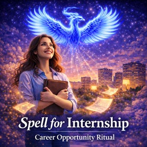 May include: An illustration shows a woman with a book, gazing upwards at a luminous blue phoenix. The background includes a cityscape and floating papers. The text at the bottom reads "Spell for Internship" and "Career Opportunity Ritual."