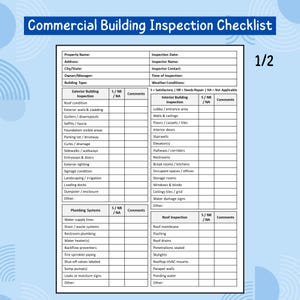 Op de afbeelding: Een checklist voor commerciële gebouwinspectie met secties voor externe, interne, loodgieters- en dakinspecties. De checklist bevat velden voor vastgoedinformatie en inspectiedetails, met een 1/2 pagina-indicator.