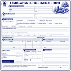 Peut inclure: Un formulaire d'estimation de service d'aménagement paysager bleu et blanc. Le formulaire comprend des sections pour les informations sur l'entrepreneur et le client, les détails du projet, les coûts des matériaux/articles et la répartition de la main-d'œuvre.