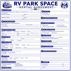 May include: A blue and white RV Park Space Rental Agreement form featuring sixteen sections including parties, space description, tenant information, lease term, rent, security deposit, utilities, park rules, pet policy, and signature lines.