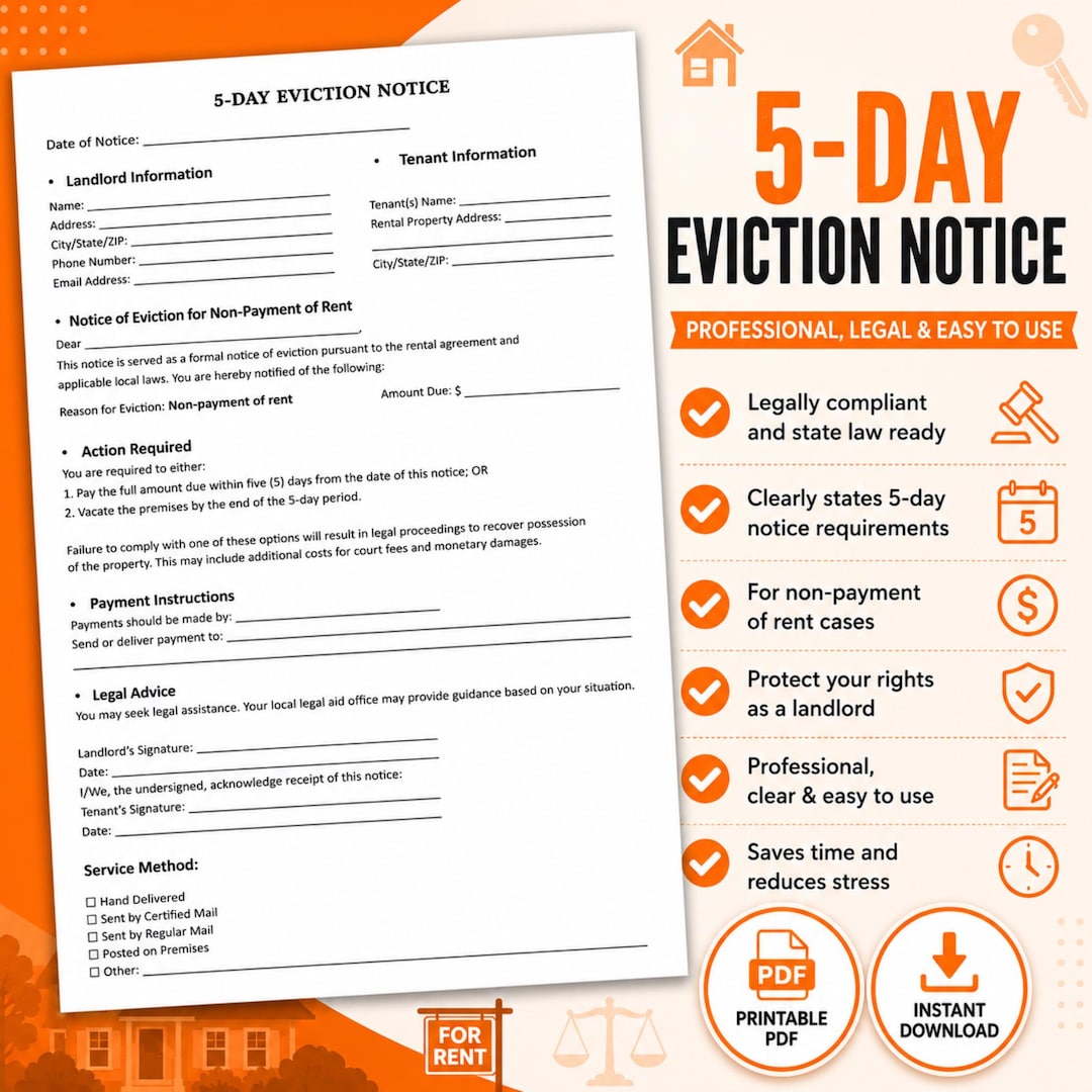 5-day Eviction Notice Printable PDF | Notice to Pay Rent or Vacate Form ...