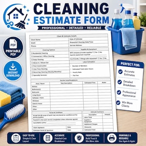 May include: A printable cleaning estimate form with a blue and white design. The form includes sections for client details, cleaning options, and service area breakdown. A blue bucket with cleaning supplies is in the background.