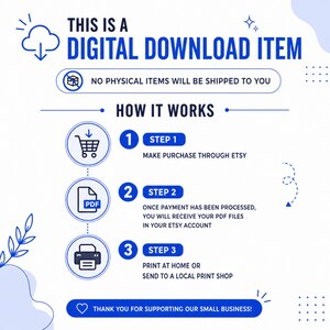 May include: A white informational graphic with blue text and icons explaining a digital download process. It states THIS IS A DIGITAL DOWNLOAD ITEM, NO PHYSICAL ITEMS WILL BE SHIPPED TO YOU, and outlines three steps: purchase, receive PDF, and print.