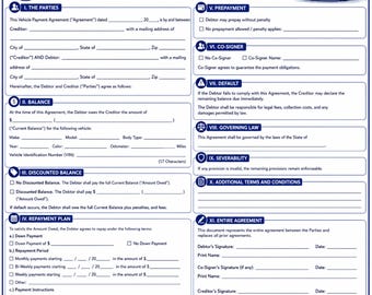 Vehicle Payment Agreement Template Printable PDF | Private Auto Sale Payment Plan Contract | Buyer Seller Installment Form