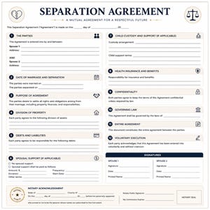 Formulário de Acordo de Separação | Acordo de Separação Conjugal e Partilha de Bens | PDF Imprimível em Estilo Jurídico