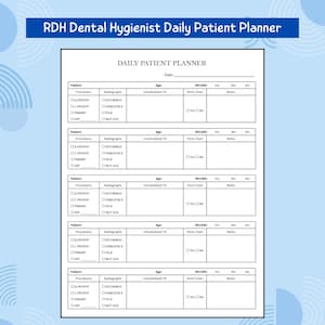 Peut inclure: Un formulaire papier blanc intitulé RDH Dental Hygienist Daily Patient Planner avec cinq sections pour les détails des patients. Chaque section comprend des champs pour les procédures, radiographies, traitements non programmés, parodontogramme et notes.