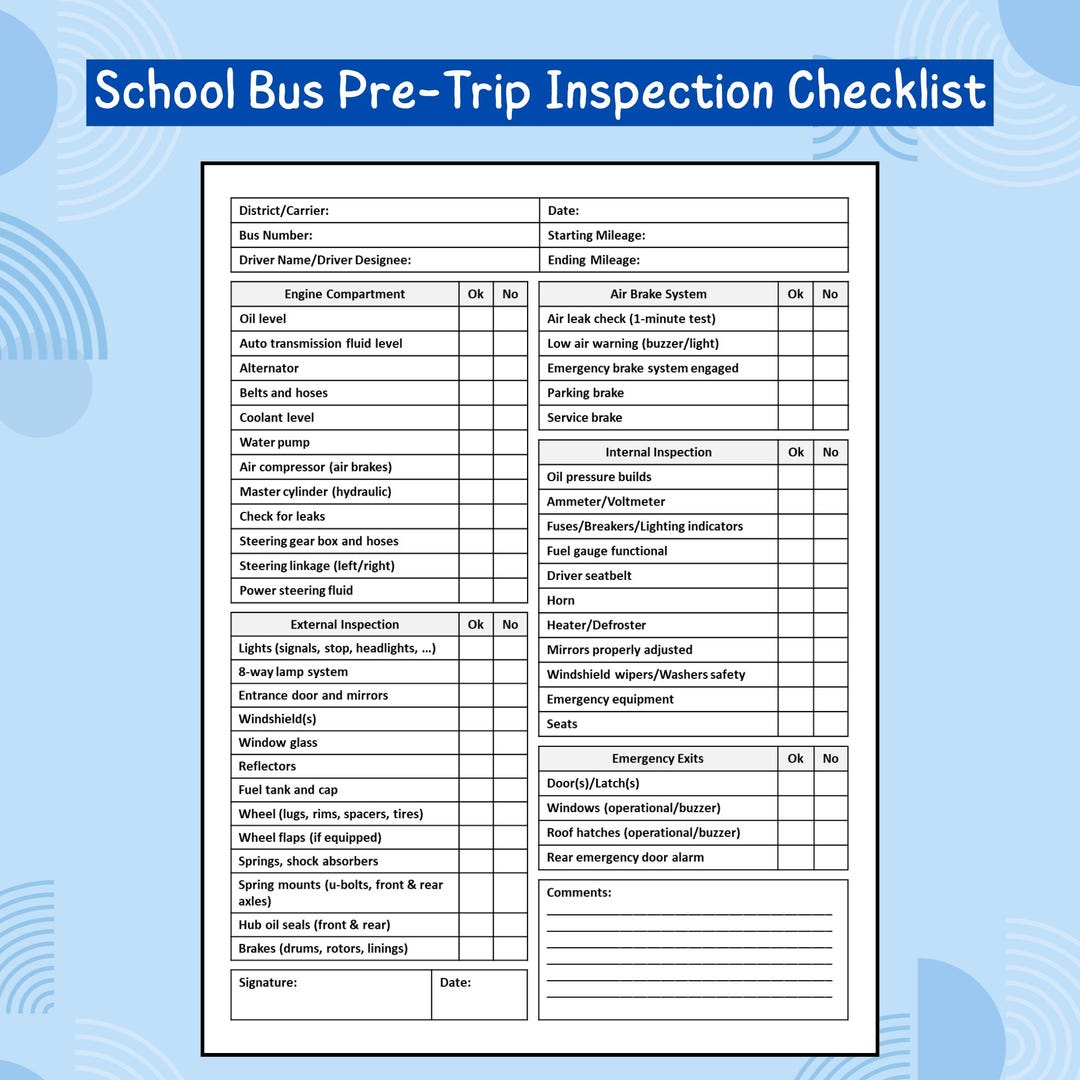 School Bus Pre-trip Inspection Checklist Printable PDF | Driver Daily ...