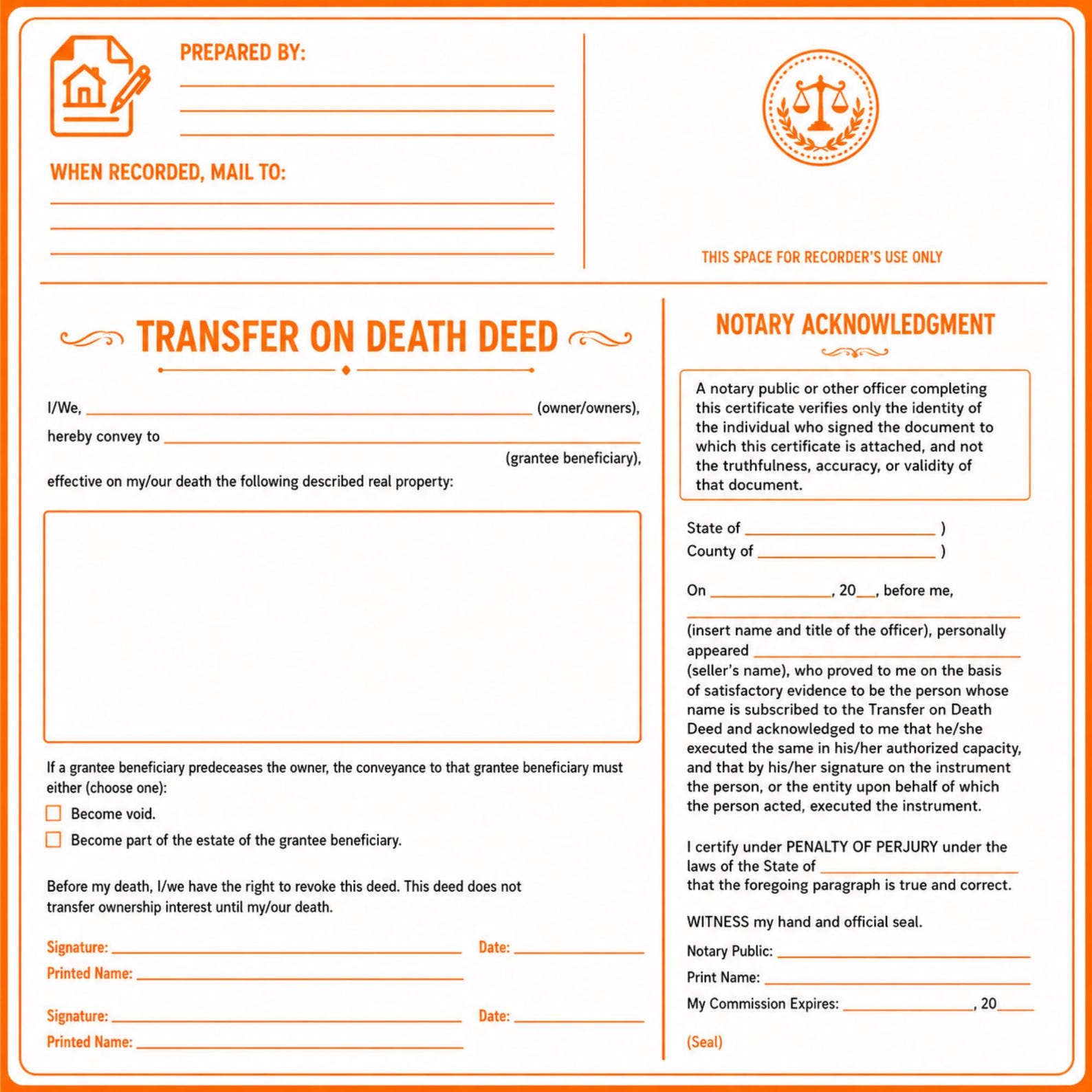 Tdo Form Transfer on Death Deed Template Printable PDF | TOD Deed Form + Notary ...