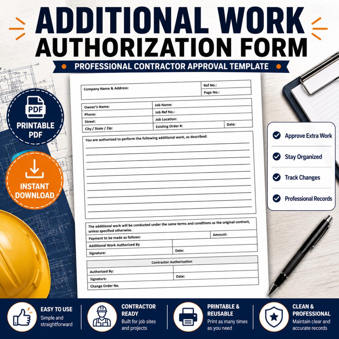 Additional Work Authorization Form Printable PDF | Change Order ...