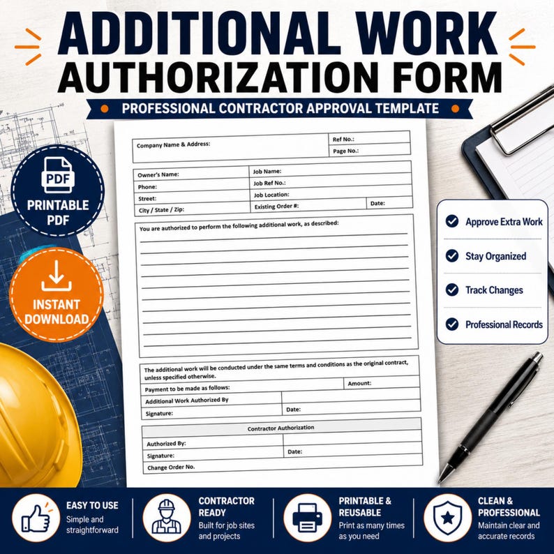 Additional Work Authorization Form Printable PDF | Change Order ...