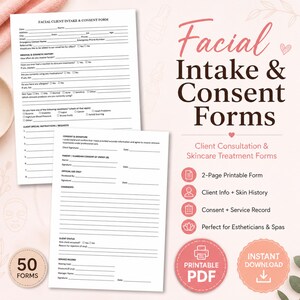 Pode incluir: Um formulário de admissão e consentimento para clientes de tratamentos faciais de duas páginas, impresso em papel branco com texto preto. O documento inclui seções para informações pessoais, histórico médico e cosmético, instruções e registro de serviço.