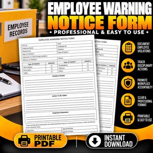 May include: An Employee Warning Notice Form document with fields for employee name, ID, department, violation details, and disciplinary actions. The form includes checkboxes for violation types and signature lines, presented as a printable PDF document.